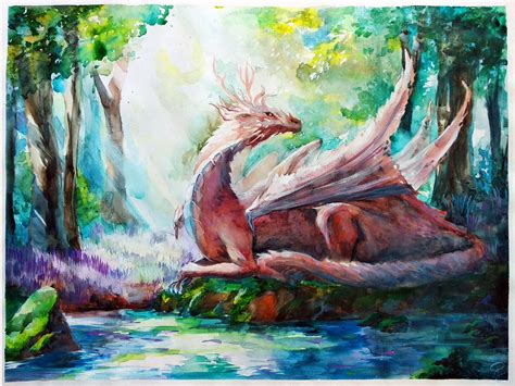 Dragon Painting Original Watercolor Forest Artwork Fantasy Art | Etsy