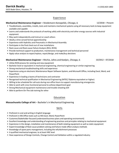 Mechanical Maintenance Engineer Resume Samples | Velvet Jobs