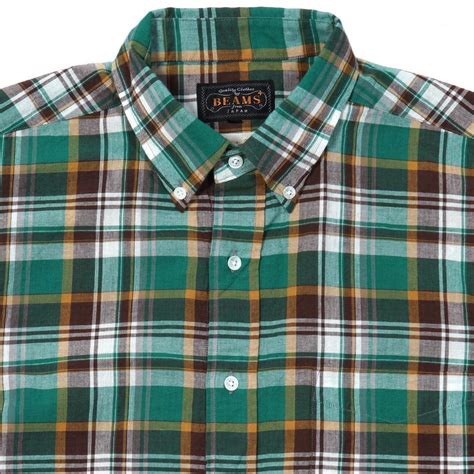 Beams Plus Button Down Madras Shirt Green, White & Brown | END.