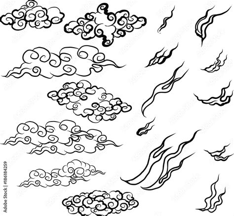 Japanese fire tattoo.Hand drawn red fire vector set.Chinese cloud isolate vector. Stock Vector ...