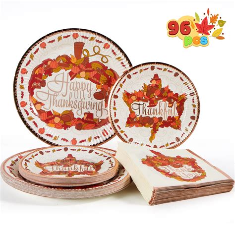 JOYIN 96pcs Thanksgiving Paper Plates and Napkins Disposable Dinnerware Set Includes 24 10" Big ...