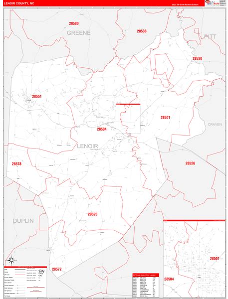 Lenoir County, NC Zip Code Wall Map Red Line Style by MarketMAPS - MapSales