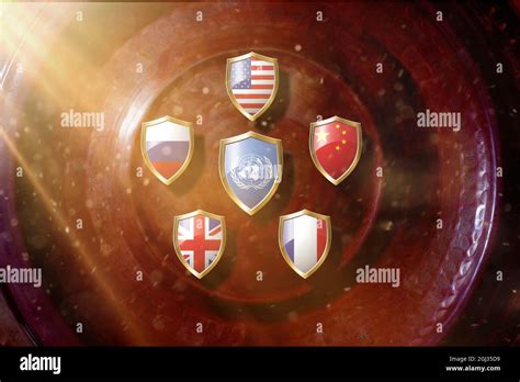 veto power countries flags in golden shield on copper texture ...