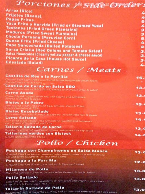 Menu at Miraflores restaurant, Bound Brook