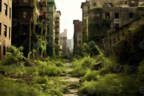 An image depicting a deserted city with overgrown vegetation and abandoned buildings, capturing ...