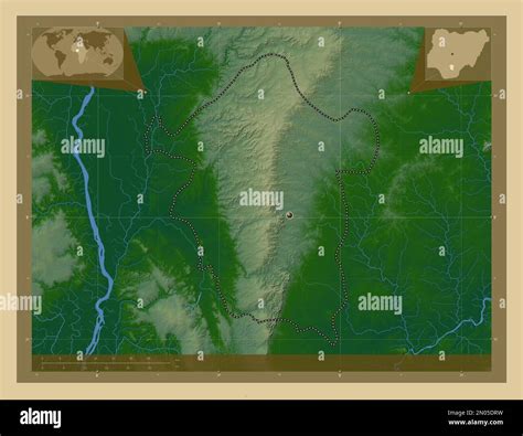 Enugu, state of Nigeria. Colored elevation map with lakes and rivers. Corner auxiliary location ...