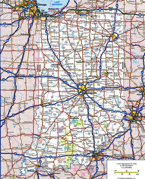 Road map of Indiana with distances between cities highway freeway free