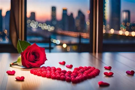 Premium AI Image | Heart shaped petals on a table with a view of the ...