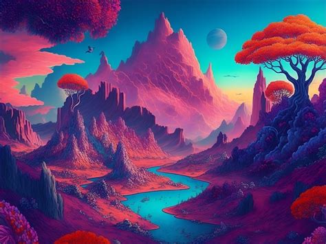 Premium AI Image | A handdrawn illustration of a fantastical landscape full of vibrant colors ...