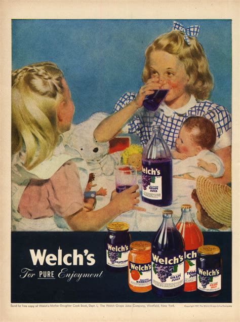 Welch's Grape Juice ad 1947 little blonde girls & their dolls L