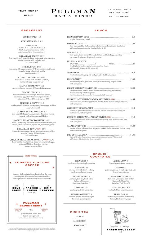 Menu at Pullman Bar & Diner, Iowa City