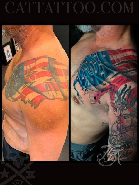 American Flag Chest and Shoulder Tattoo by Terry Mayo: TattooNOW