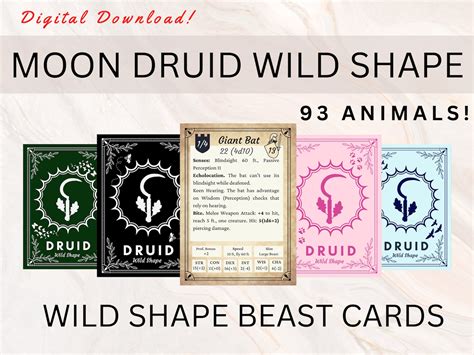 Moon Druid Wild Shapes Cards Dnd 5e Wild Shape 93 Beast Transformations Druid Spell Cards Moon ...