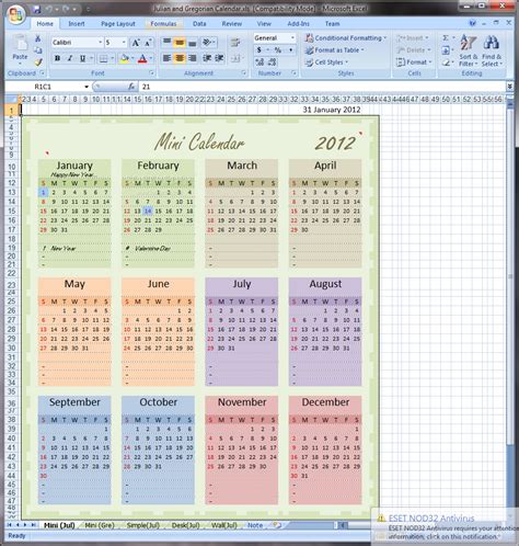 Julian and Gregorian Excel Calendar 1 - Download, Screenshots