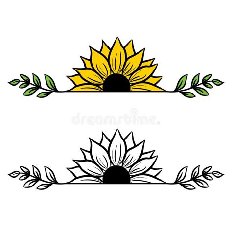 Sunflower Divide Border Decor with Half Flowers Drawing. Flower Split Decoration. Stock ...