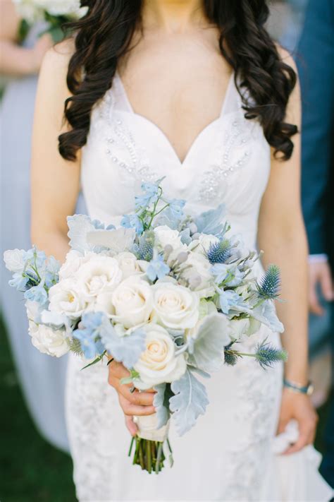 Pale Blue Delphinium, Thistle and Dusty Miller Bouquet | Blue wedding bouquet, Blue wedding ...