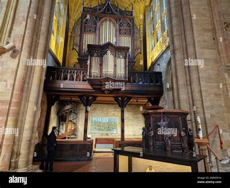 A low angle shot of the organ in the North Transept inside Sherborne Abbey, Dorset, UK Stock ...