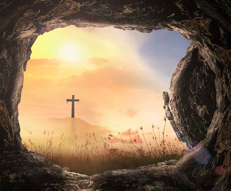 Resurrection of Jesus Christ concept: Tomb empty with cross at autumn ...