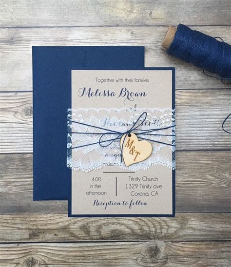 Navy blue wedding invitation lace wedding invitation rustic | Etsy