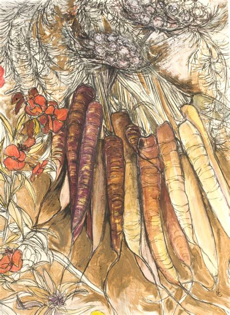 a drawing of carrots and flowers on a table