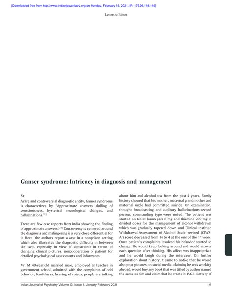 (PDF) Ganser syndrome: Intricacy in diagnosis and management