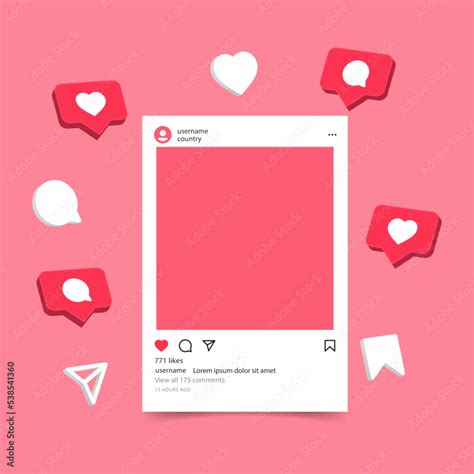 3d instagram mockup social media template frame, 3d social media notification icons like ...