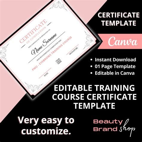 Editable Certificate Template, Stylish Certificate, Pink Course Award, Printable Eyebrows ...