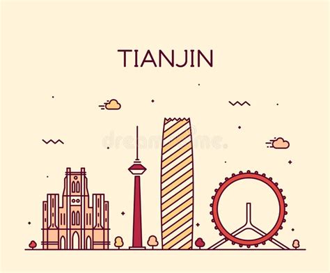 Tianjin Silhouette Skyline. China - Tianjin Vector City, Chinese Linear Architecture, Buildings ...