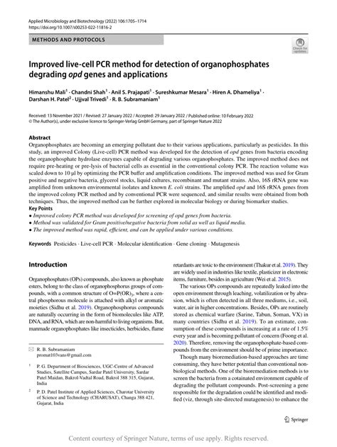 Improved live-cell PCR method for detection of organophosphates degrading opd genes and ...