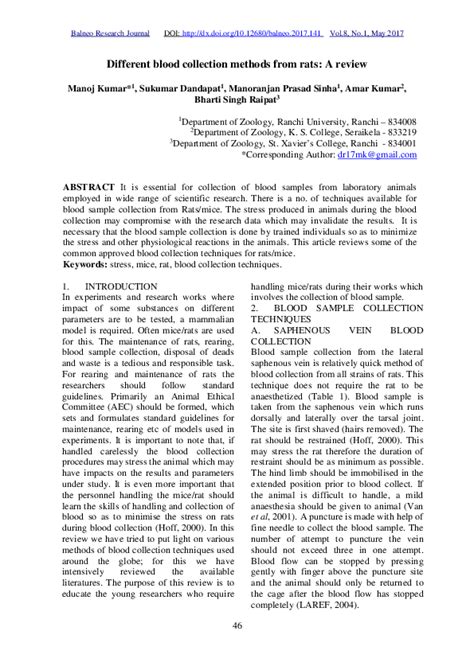 (PDF) Different blood collection methods from rats: A review | Manoj ...