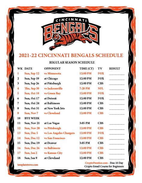 Printable 2021-2022 Cincinnati Bengals Schedule