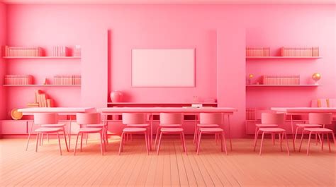Premium AI Image | Pink barbie classroom interior with pink walls pink chairs and round tables ...