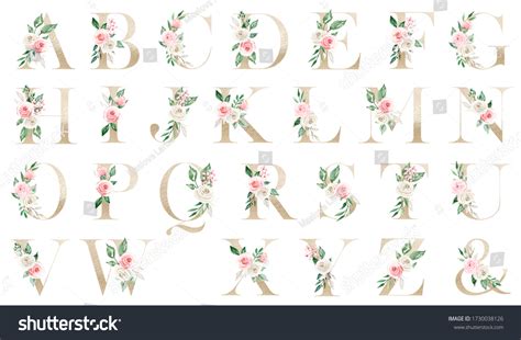 Floral Gold Alphabet Letters Watercolor Flowers: стоковая иллюстрация ...