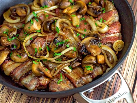 Bacon Wrapped Steak Strips with Mushrooms & Onions - The Midnight Baker