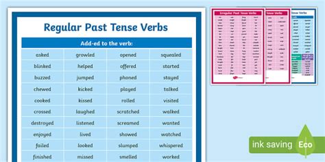 Past Tense Regular & Irregular Verbs List Printable Resource