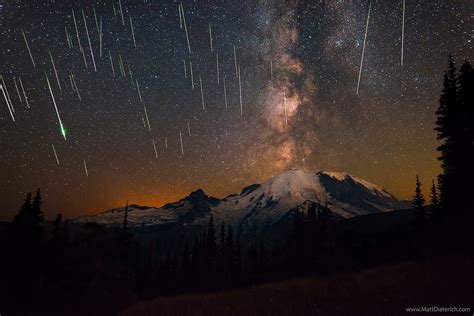 Perseid Meteor Shower and the Milky Way Over Mount Rainier