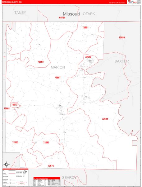 Marion County, AR Zip Code Wall Map Red Line Style by MarketMAPS - MapSales