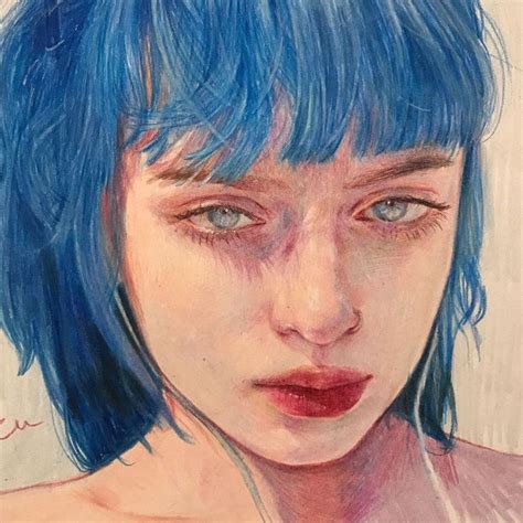 a drawing of a woman with blue hair