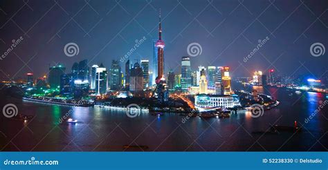 Shanghai skyline by night stock photo. Image of river - 52238330