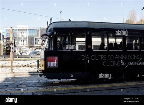 Milan, Italy - March 21, 2019: Famous vintage tram in the centre of the ...