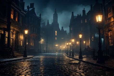 Premium AI Image | Old town street at night with fog and lights Bruges ...