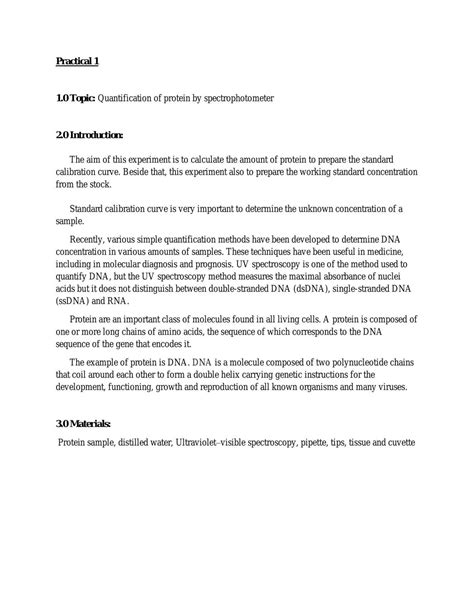 Lab report for Quantification of protein by spectrophotometer. | BTBI4113 - Biophysics and ...