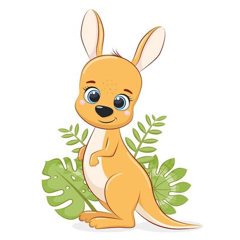 Premium Vector | Cute baby kangaroo with tropical leaves. Vector ...