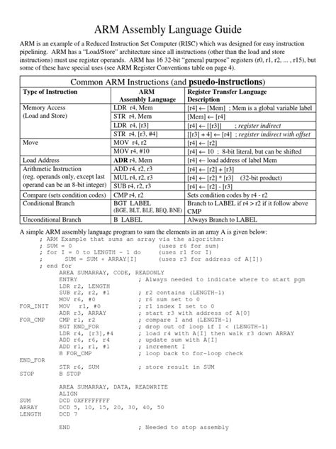 ARM Assembly Language Guide: Common ARM Instructions (And Psuedo-Instructions) | PDF ...