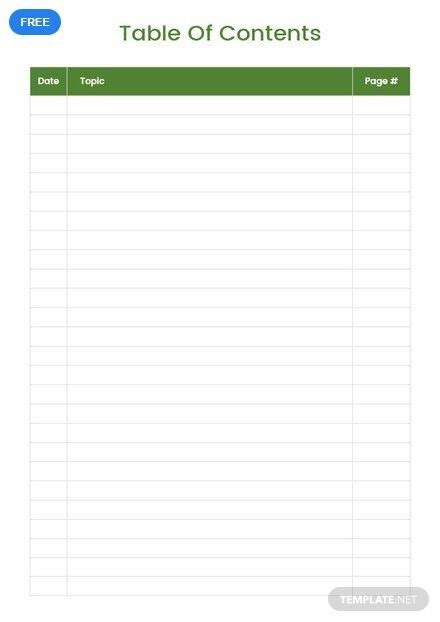 Table Of Contents Excel Template Collection