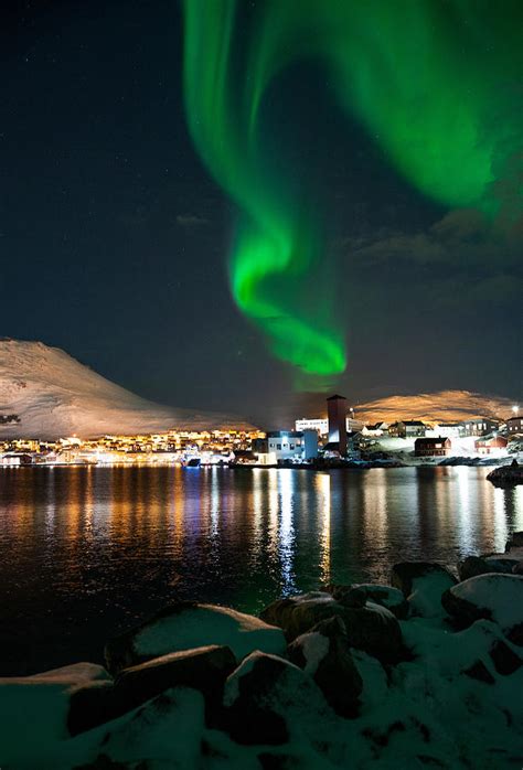 Northern Lights Over City In Norway Photograph by Jon Lundal - Fine Art ...