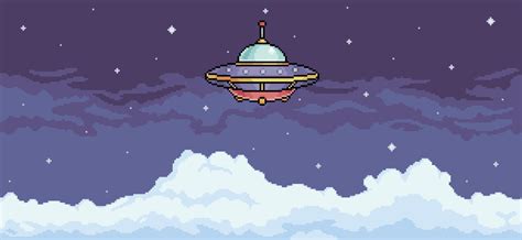 pixel art ufo no céu nublado. nave alienígena voando no céu noturno ...