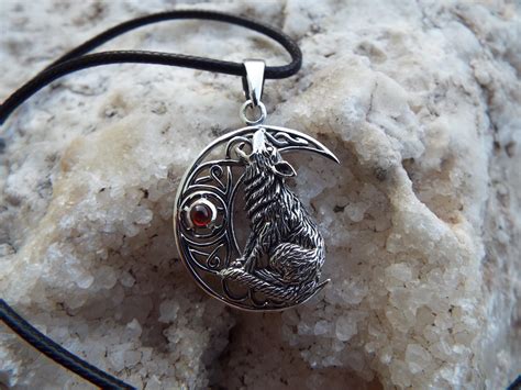 Wolf Moon Pendant Sterling Silver 925 Garnet Gemstone Handmade Necklace ...