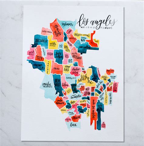 Los Angeles Neighborhood Map California Map Watercolor Map Custom Gift ...