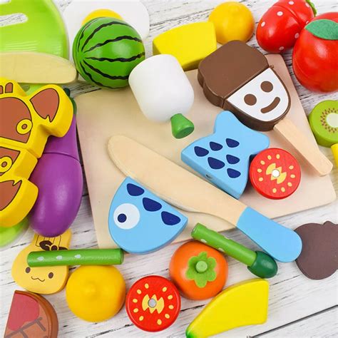 22 Children Cutted Wooden Food Toy Kitchen Pretend Play Kids Simulation Wooden Fruit Vegetables ...